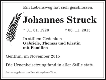 Traueranzeige von Johannes Struck  von Magdeburger Volksstimme