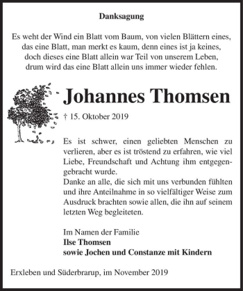 Traueranzeige von Johannes Thomsen  von Magdeburger Volksstimme