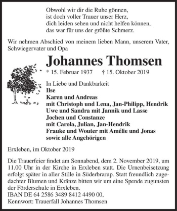Traueranzeige von Johannes Thomsen  von Magdeburger Volksstimme