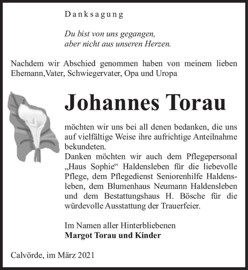  Traueranzeige für Johannes Torau  vom 23.03.2021 aus Magdeburger Volksstimme