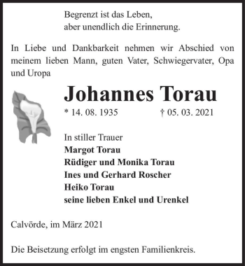 Traueranzeige von Johannes Torau  von Magdeburger Volksstimme