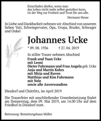 Traueranzeige von Johannes Ucke  von Magdeburger Volksstimme