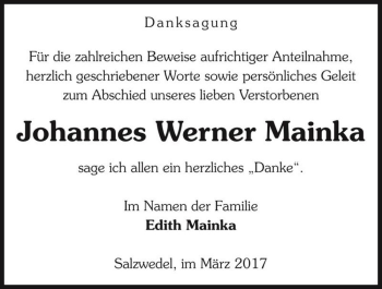Traueranzeige von Johannes Werner Mainka  von Magdeburger Volksstimme