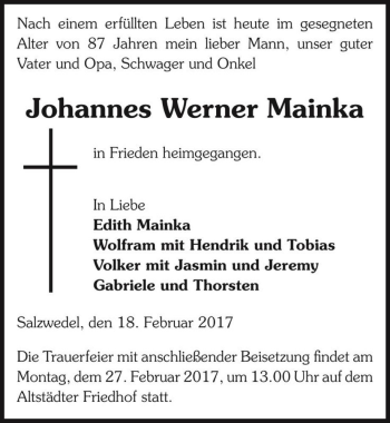 Traueranzeige von Johannes Werner Mainka  von Magdeburger Volksstimme