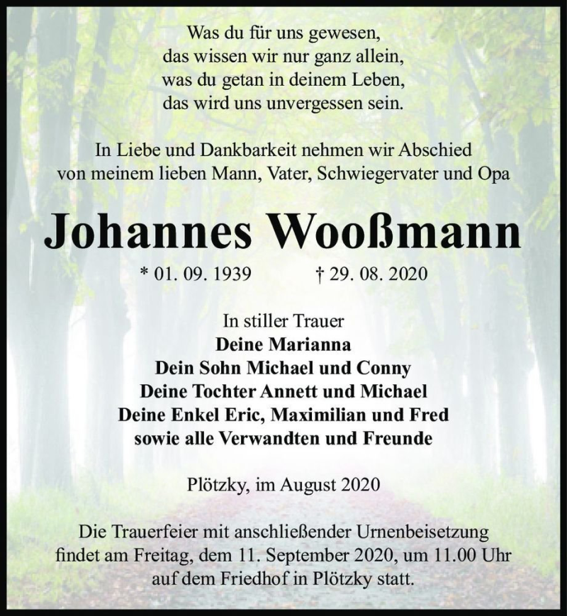  Traueranzeige für Johannes Wooßmann  vom 05.09.2020 aus Magdeburger Volksstimme