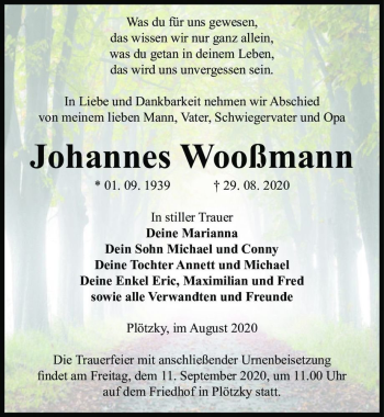 Traueranzeige von Johannes Wooßmann  von Magdeburger Volksstimme