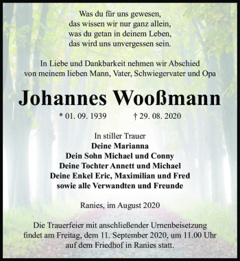 Traueranzeige von Johannes Wooßmann  von Magdeburger Volksstimme