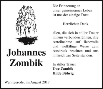 Traueranzeige von Johannes Zombik  von Magdeburger Volksstimme