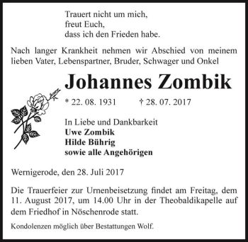 Traueranzeige von Johannes Zombik  von Magdeburger Volksstimme