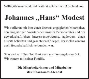 Traueranzeige von Johannes “Hans“ Modest  von Magdeburger Volksstimme