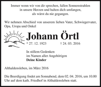 Traueranzeige von Johann Örtl  von Magdeburger Volksstimme