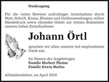 Traueranzeige von Johann Örtl  von Magdeburger Volksstimme