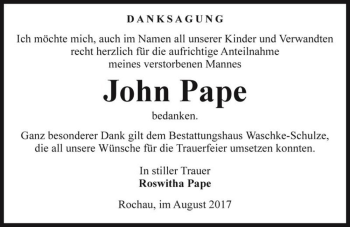 Traueranzeige von John Pape  von Magdeburger Volksstimme