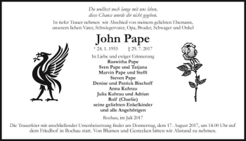Traueranzeige von John Pape  von Magdeburger Volksstimme