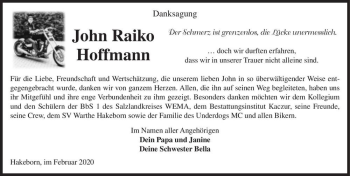 Traueranzeige von John Raiko Hoffmann  von Magdeburger Volksstimme