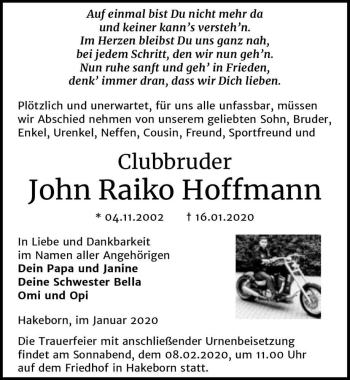 Traueranzeige von John Raiko Hoffmann  von Magdeburger Volksstimme