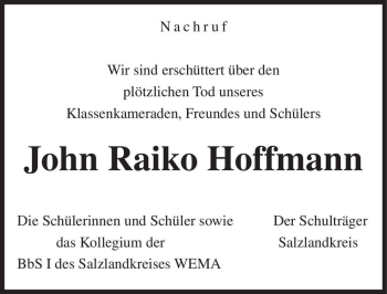 Traueranzeige von John Raiko Hoffmann  von Magdeburger Volksstimme