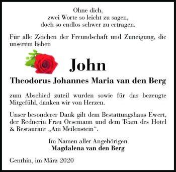 Traueranzeige von John Theodorus Johannes Maria van den Berg  von Magdeburger Volksstimme