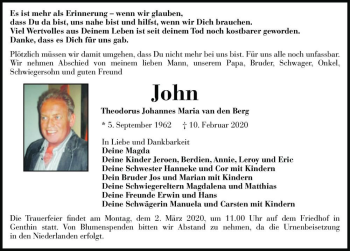 Traueranzeige von John Theodorus Johannes Maria van den Berg  von Magdeburger Volksstimme