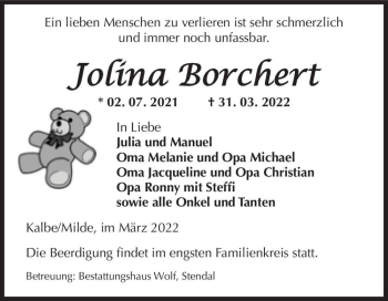 Traueranzeige von Jolina Borchert  von Magdeburger Volksstimme