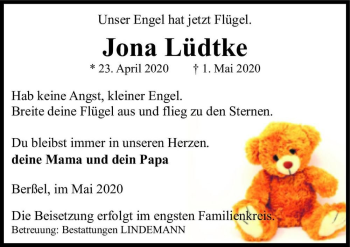 Traueranzeige von Jona Lüdtke  von Magdeburger Volksstimme