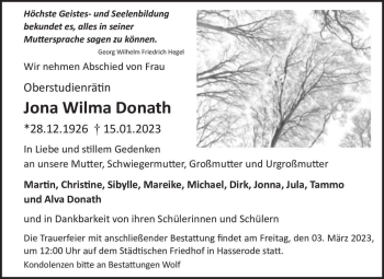 Traueranzeige von Jona Wilma Donath  von Magdeburger Volksstimme