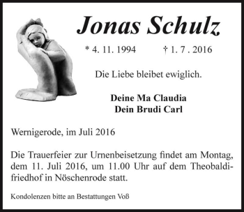 Traueranzeige von Jonas Schulz  von Magdeburger Volksstimme
