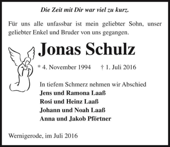 Traueranzeige von Jonas Schulz  von Magdeburger Volksstimme