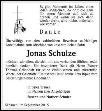 Traueranzeige von Jonas Schulze  von Magdeburger Volksstimme