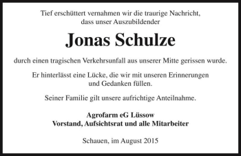 Traueranzeige von Jonas Schulze  von Magdeburger Volksstimme