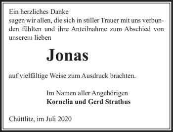 Traueranzeige von Jonas Strathus  von Magdeburger Volksstimme