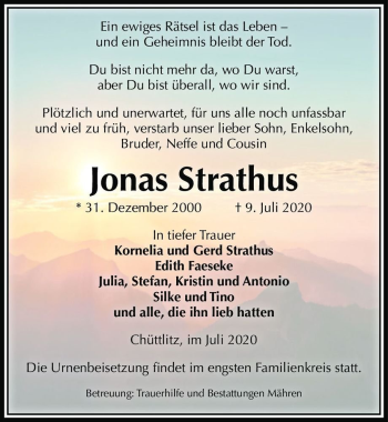 Traueranzeige von Jonas Strathus  von Magdeburger Volksstimme