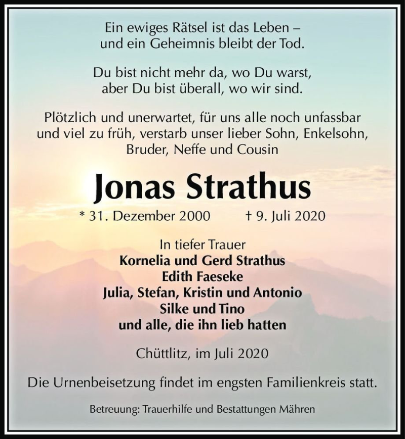  Traueranzeige für Jonas Strathus  vom 11.07.2020 aus Magdeburger Volksstimme