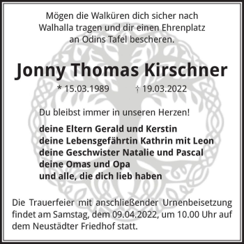 Traueranzeige von Jonny Thomas Kirschner  von Magdeburger Volksstimme