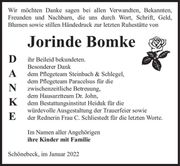 Traueranzeige von Jorinde Bomke  von Magdeburger Volksstimme