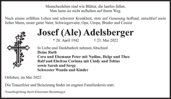 Traueranzeige von Josef (Ale) Adelsberger  von Magdeburger Volksstimme