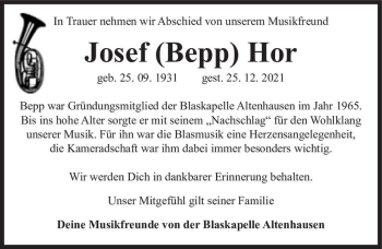 Traueranzeige von Josef (Bepp) Hor  von Magdeburger Volksstimme