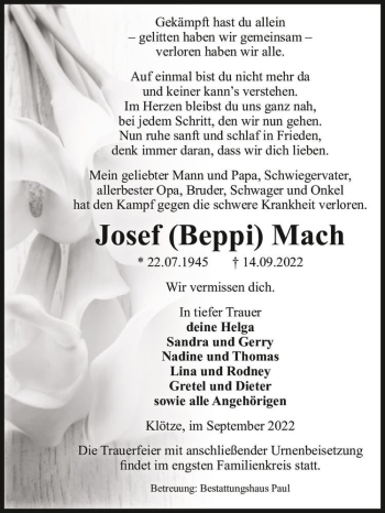 Traueranzeige von Josef (Beppi) Mach  von Magdeburger Volksstimme