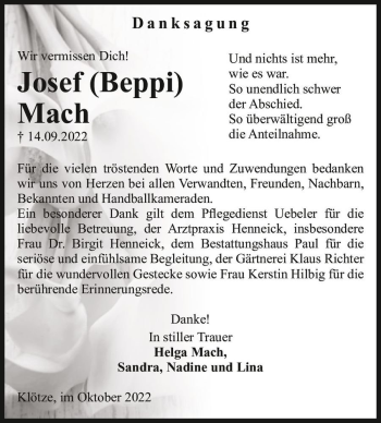 Traueranzeige von Josef (Beppi) Mach  von Magdeburger Volksstimme