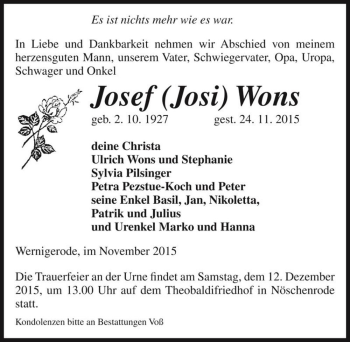Traueranzeige von Josef (Josi) Wons  von Magdeburger Volksstimme