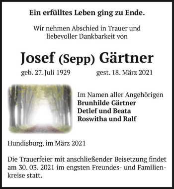 Traueranzeige von Josef 
