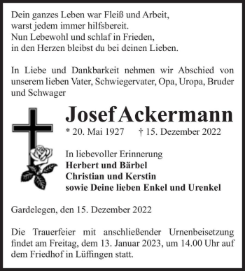 Traueranzeige von Josef Ackermann  von Magdeburger Volksstimme