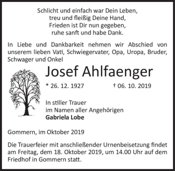 Traueranzeige von Josef Ahlfaenger  von Magdeburger Volksstimme