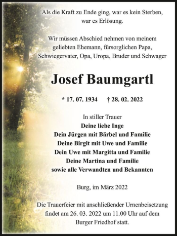 Traueranzeige von Josef Baumgartl  von Magdeburger Volksstimme