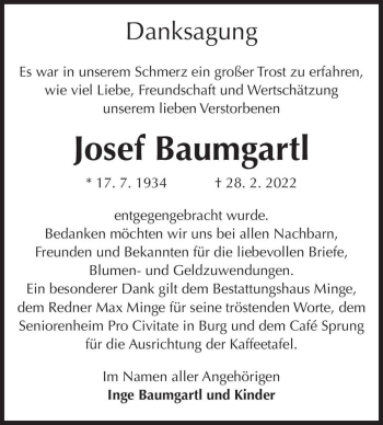 Traueranzeige von Josef Baumgartl  von Magdeburger Volksstimme