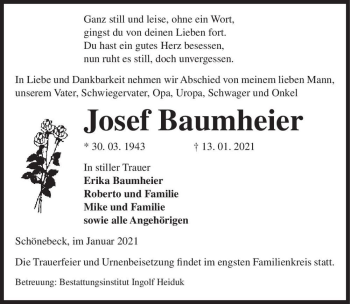 Traueranzeige von Josef Baumheier  von Magdeburger Volksstimme