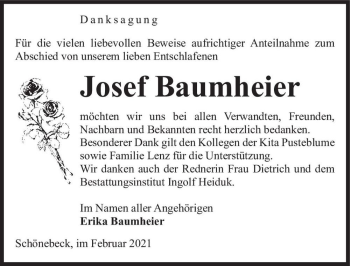Traueranzeige von Josef Baumheier  von Magdeburger Volksstimme