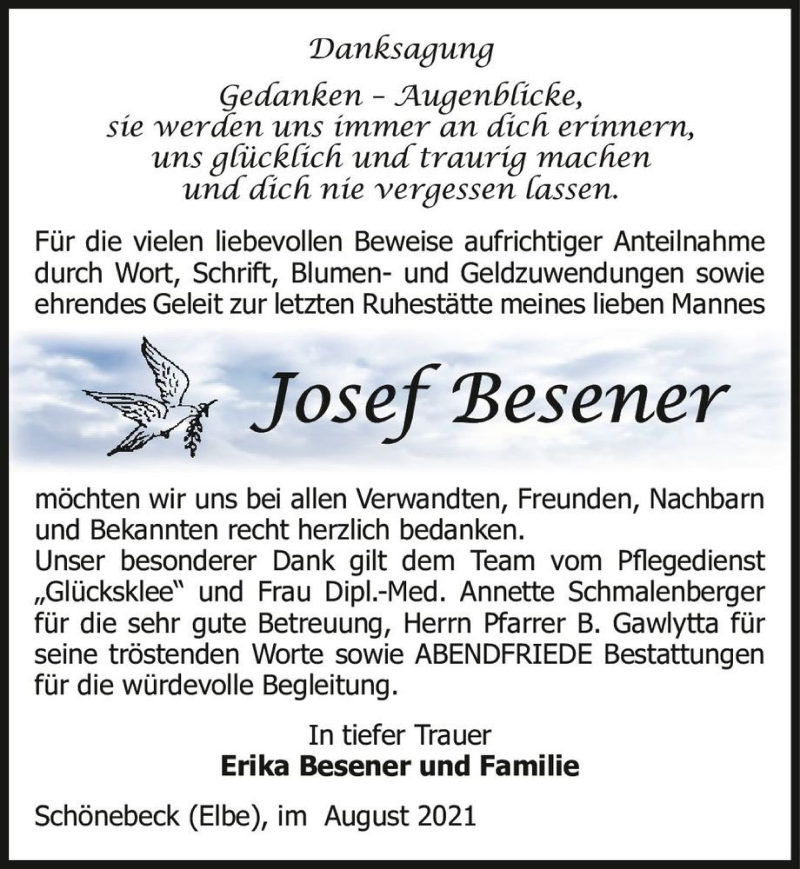  Traueranzeige für Josef Besener  vom 07.08.2021 aus Magdeburger Volksstimme