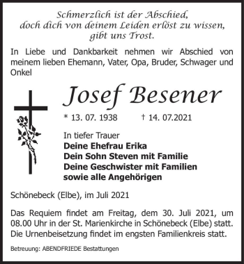 Traueranzeige von Josef Besener  von Magdeburger Volksstimme