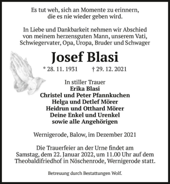 Traueranzeige von Josef Blasi  von Magdeburger Volksstimme